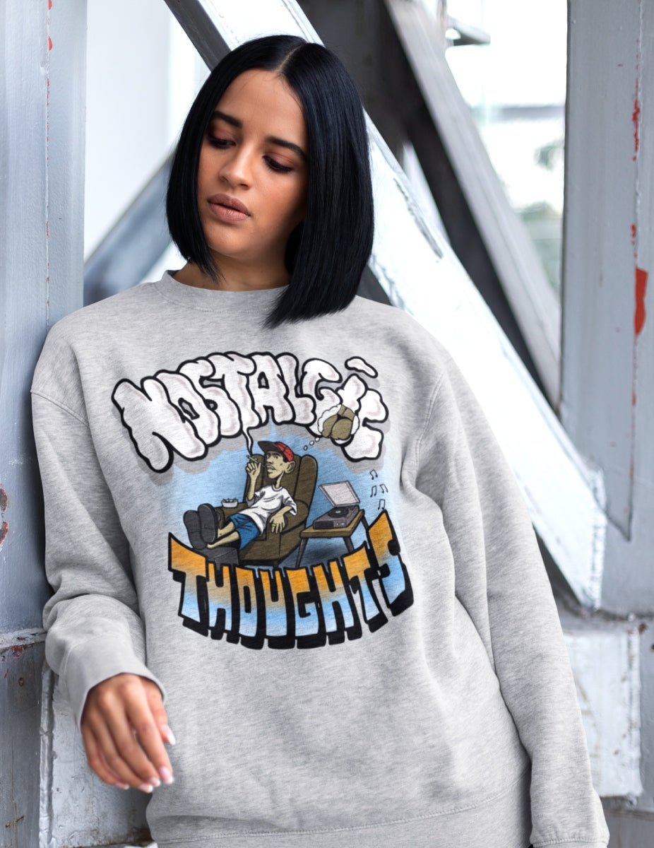 Nostalgic Thoughts Heather Grey Crewneck Sweatshirt - Caio Trevisan Art