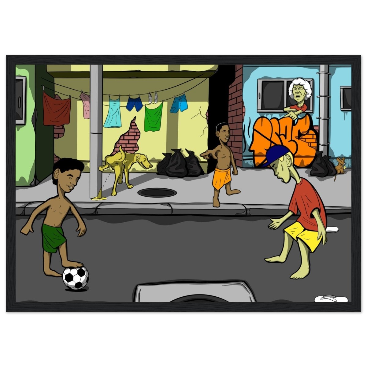 ''SOCCER IN THE HOOD'' Premium Semi - Glossy Paper Wooden Framed Poster - Caio Trevisan Art