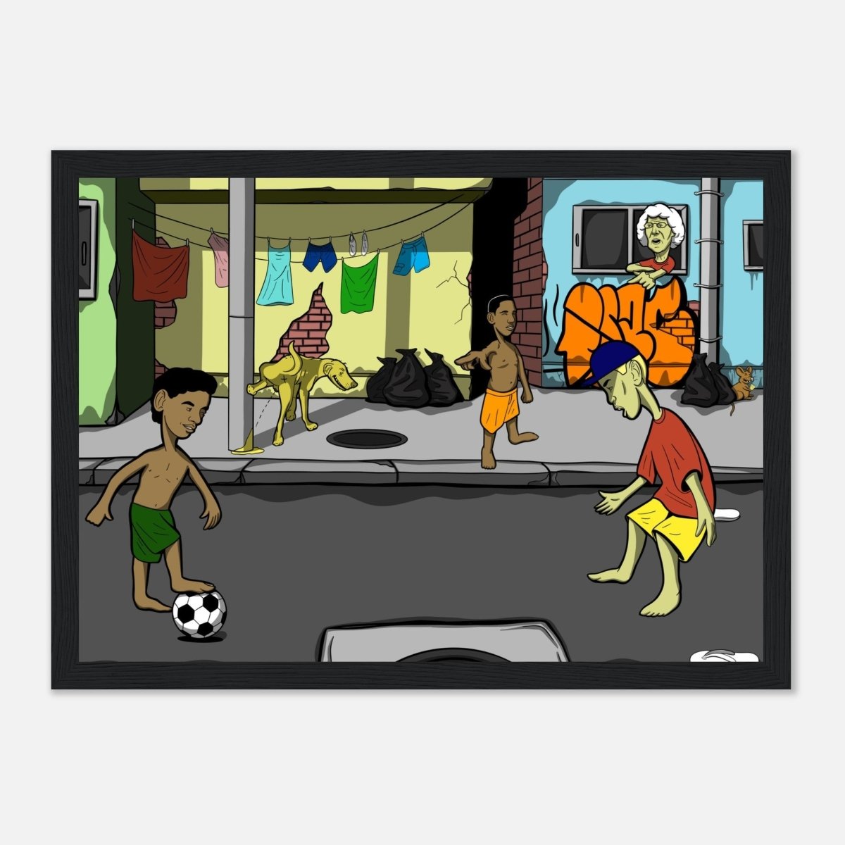 ''SOCCER IN THE HOOD'' Premium Semi - Glossy Paper Wooden Framed Poster - Caio Trevisan Art