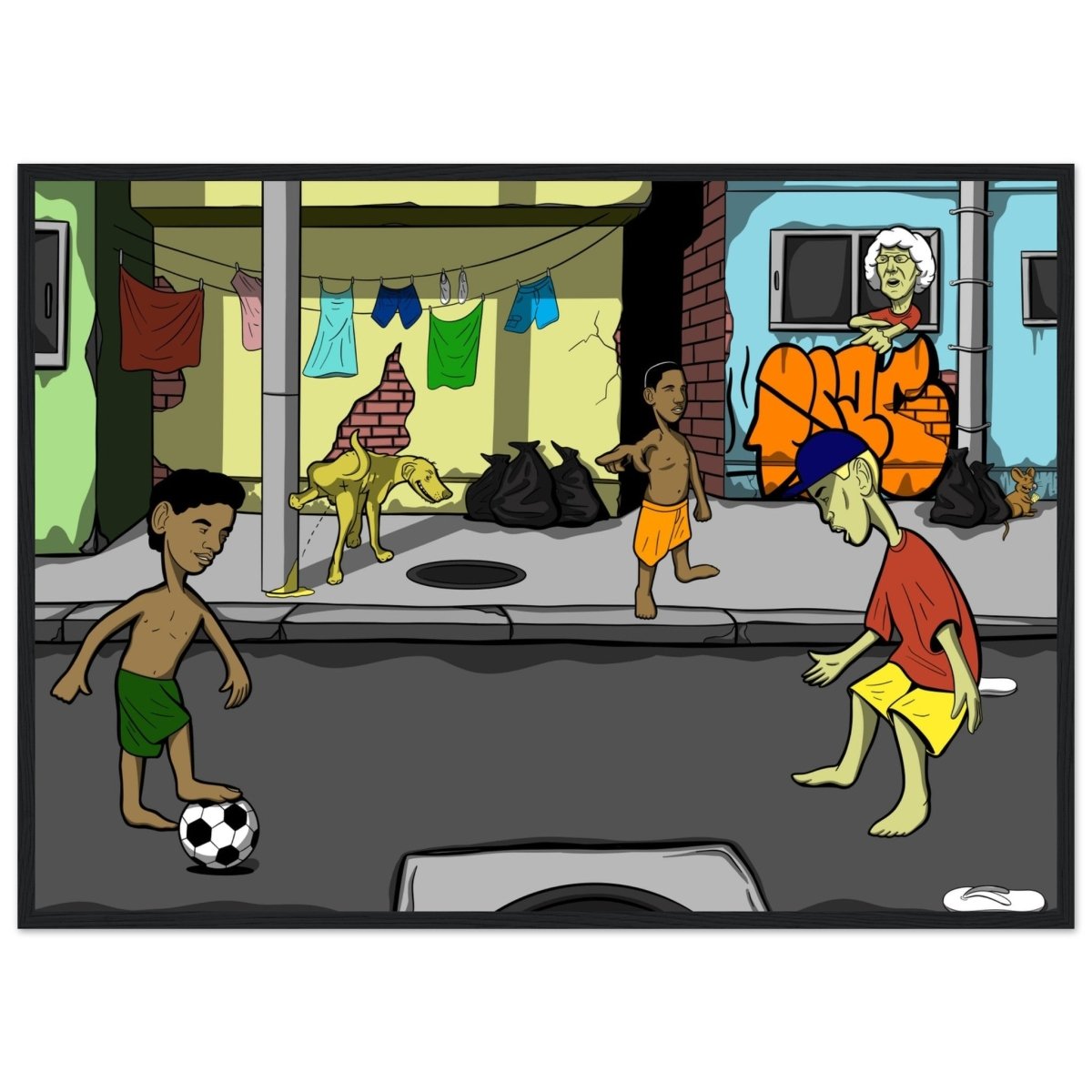''SOCCER IN THE HOOD'' Premium Semi - Glossy Paper Wooden Framed Poster - Caio Trevisan Art