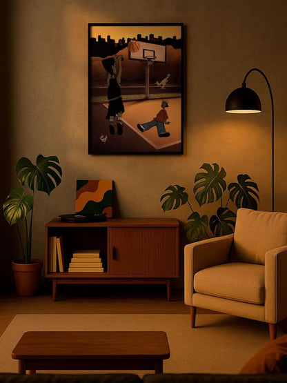 Sunset on the Court – Framed Poster | Ready To Hang | Contemporary Street Basketball Wall Art - Caio Trevisan Art